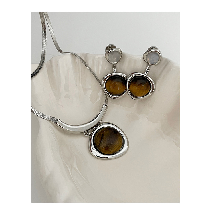 Elegant Vintage Tiger Eye Stone Pendant Necklace Set For Women Geometric Irregular Design Unique Fashion Jewelry Accessories