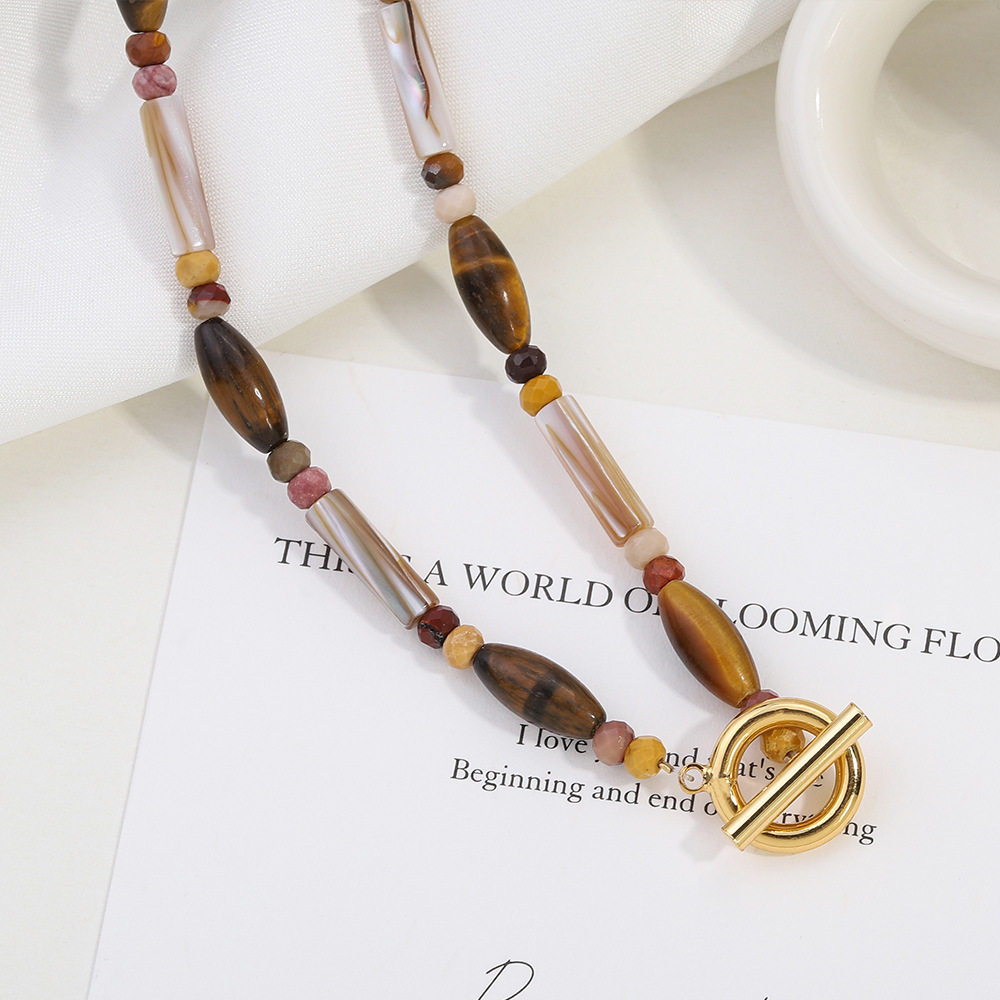 French Style Coffee Beads Tiger Eye Stone Necklace Sweater Chain Middle-Aged OT Buckle Classic Quality Unique Clavicle Chain