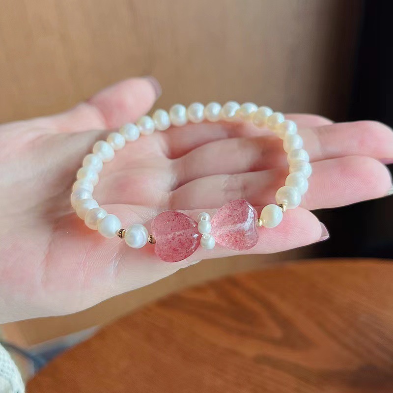Pink Heart Shaped Freshwater Pearl Bracelet Women's Unique Strawberry Crystal Hand Chain Fashion Jewelry Accessories For Girls