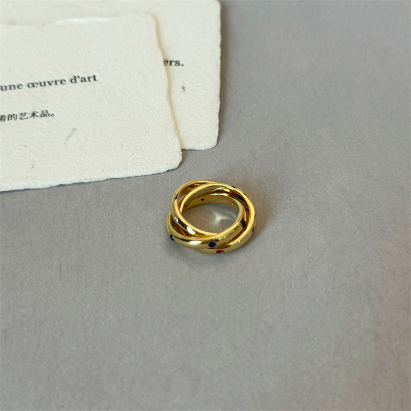 Fashionable Retro Three- Ring Geometric Pattern Ring For Women Classic Color Gemstone Rings Elegant Personality New Style