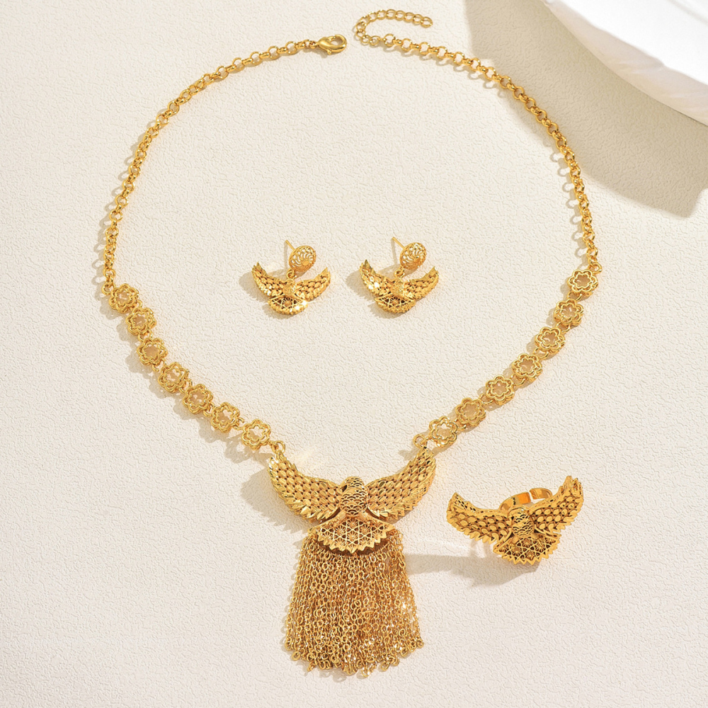 Middle East Dubai Luxurious Elegant Eagle Tassel Necklace Earrings Ring Four-Piece Set Wedding Bride Banquet Accessories