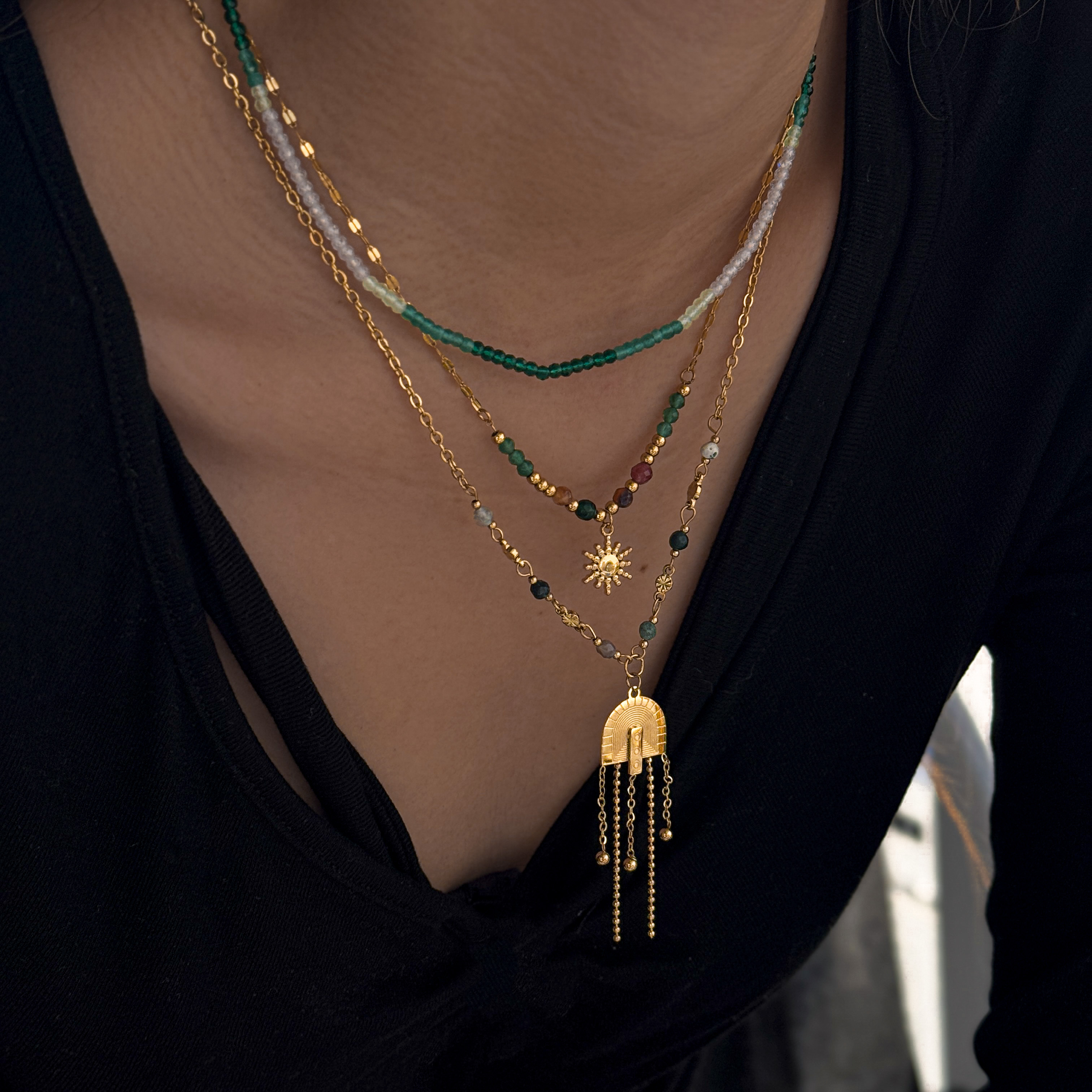 304 Stainless Steel Zircon Geometric Pattern Vacuum Plating (In Furnace) 18K Real Gold Plated Beaded Chain Lobster Clasp Colorful Gold Necklace For Women Elegant Basic Style (Simple Design) Novel Design