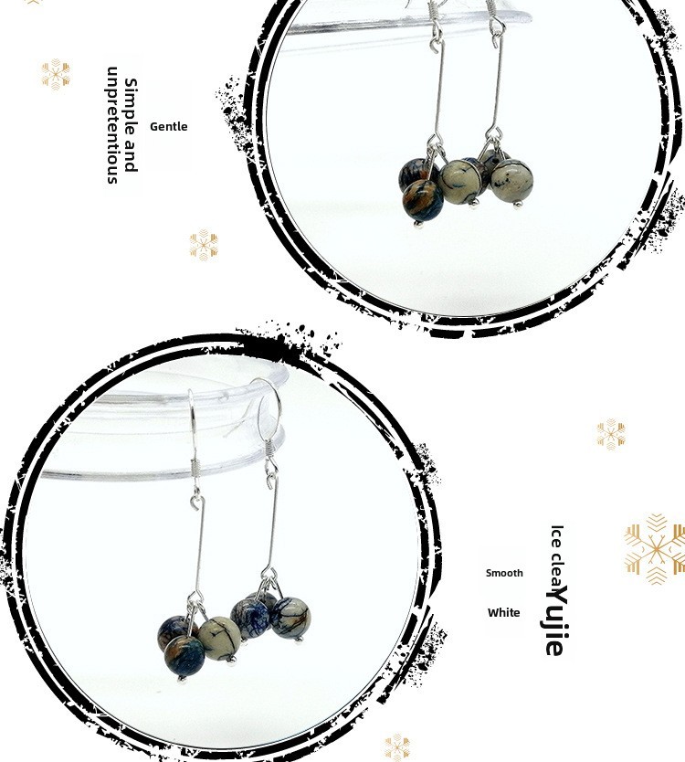 Natural Blue Copper Mine Earrings Women's S925 Silver Ear Needles INS Personality Trendy Three Lives Stone Ear Jewelry Hanfu Accessories