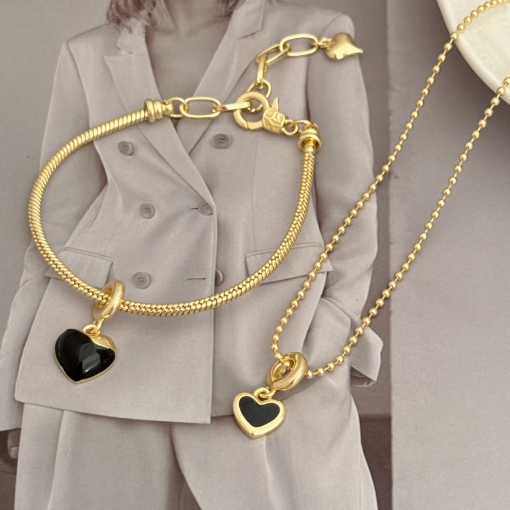 1 Set Of Heart Bracelet And Necklace Jewelry Suitable For Men And Women Couples Friends To Wear Copper Plated With 18K Gold Oil Drop Fashionable And Beautiful