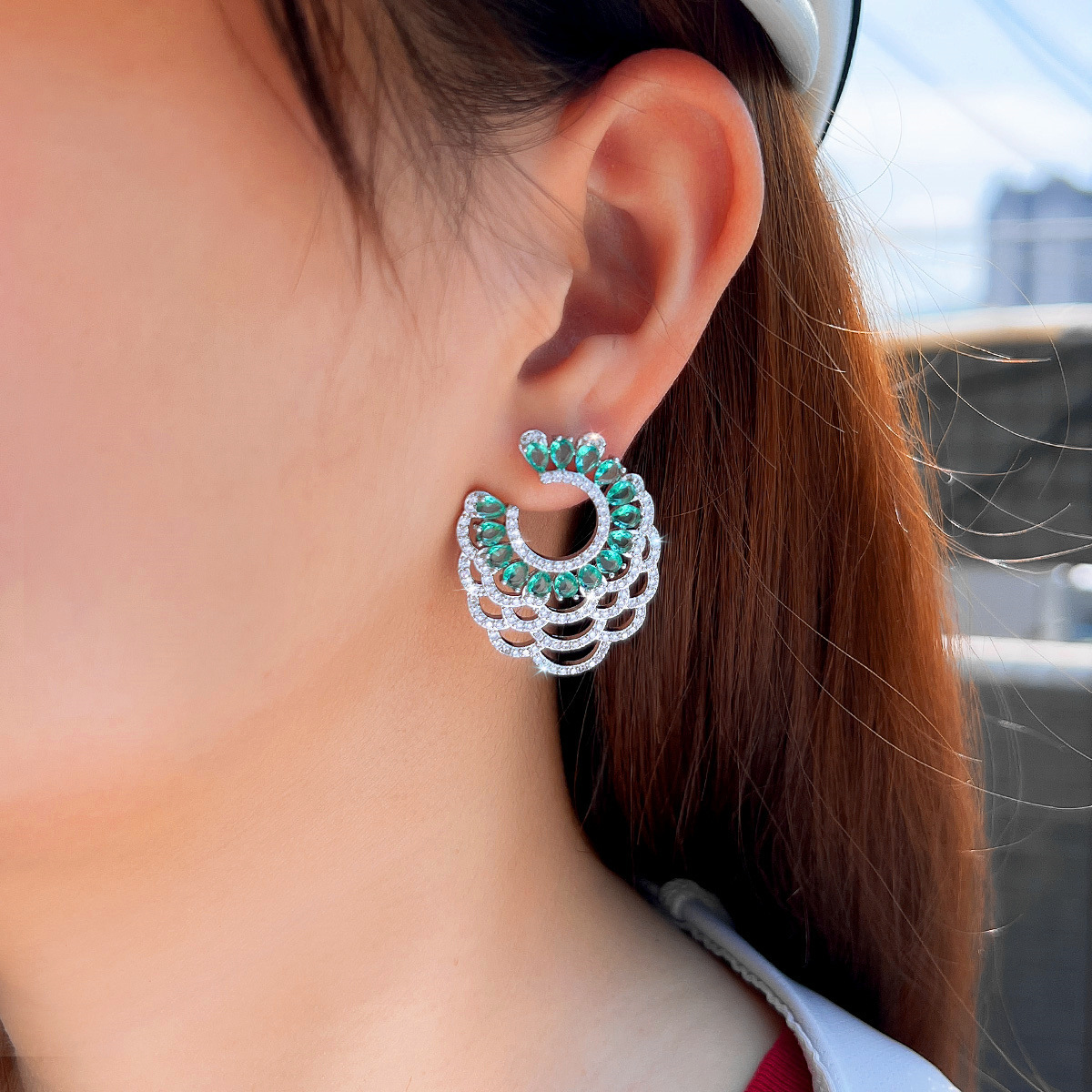 Women's Large Hoop Earrings Green Rhinestone Geometric C-Shape Drop Earrings Elegant French Copper Wedding Party Date Night Accessories