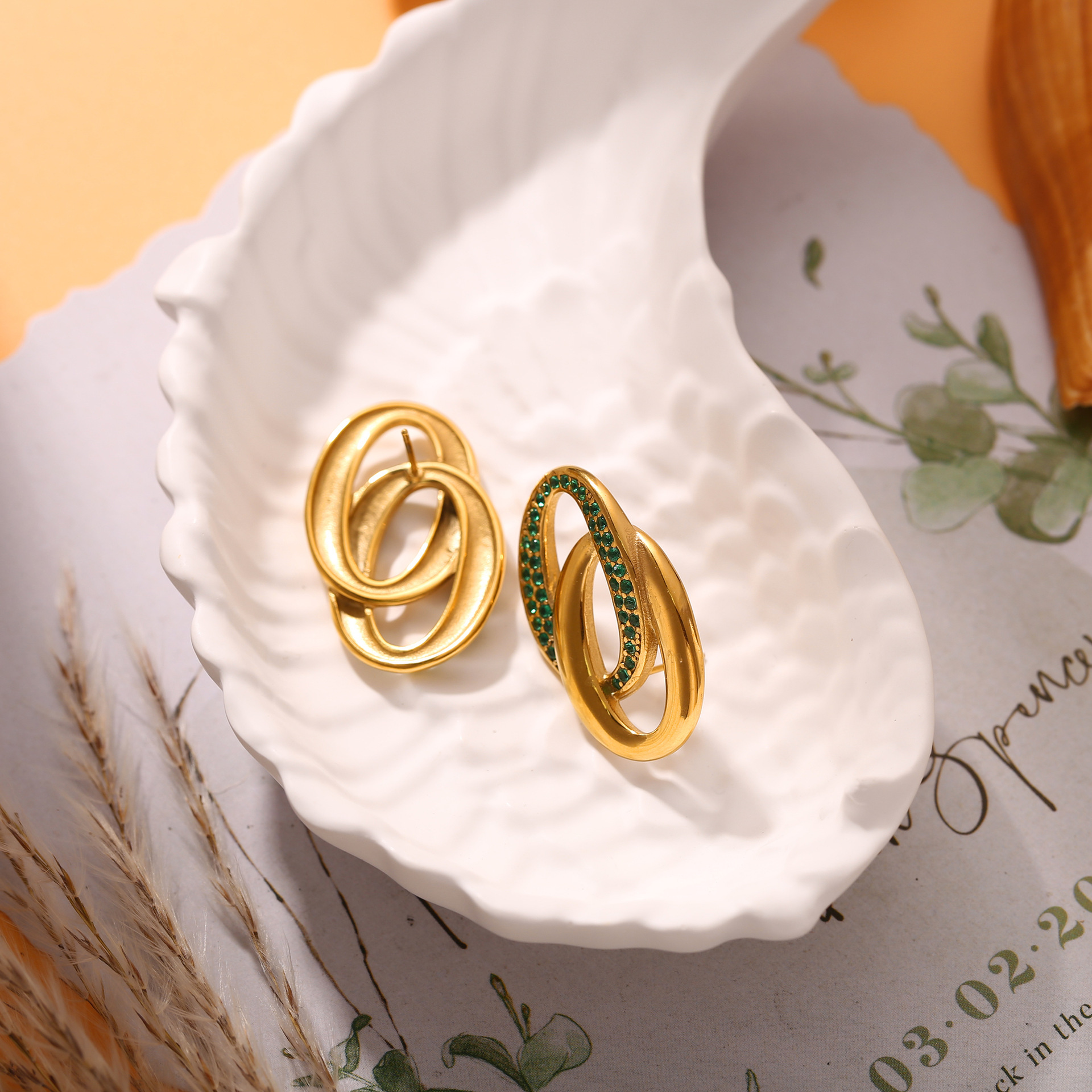 UV Electroplated 18K Real Gold Stainless Steel Casting Double O Splicing Zirconia Earrings Niche European And American Style Trendy Fashion Earrings