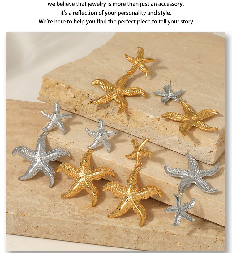 304 Stainless Steel Starfish PVD Coated Stone-Free Real Gold Plated Marine Style Beach Waterproof Non Tarnish Drop Earrings