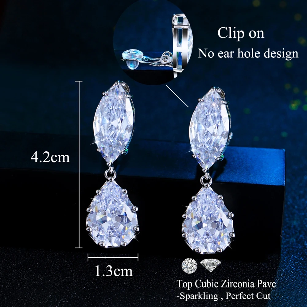 1 Pair Copper Ear Clips Elegant Sparkling Cubic Zirconia Water Drop Shape Non-Pierced Ear Clip Earrings For Women Engagement Wedding Jewelry