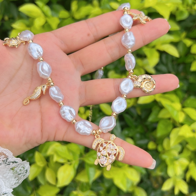Wholesale Jewelry Simple Style Classic Style Tortoise Starfish Conch Copper 18K Gold Plated Beaded Chain Multi Charms Necklace Jewelry Set