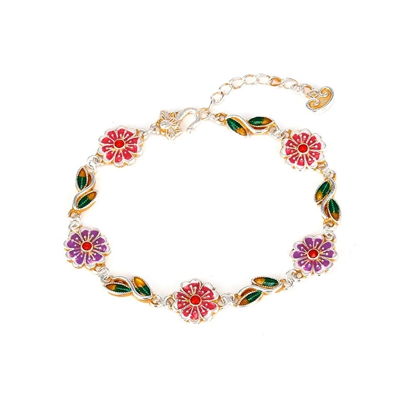 Silver-Plated Enamel Gold-Plated Vintage Geometric Pattern Peach Blossom Green Leaf Ingot Bracelet Chinese Style New Chinese Jewelry Gift For Girlfriend