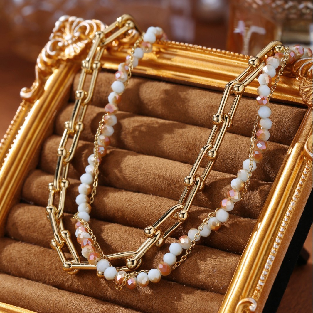 Titanium Steel Bohemian Double Layer Necklace For Women Natural Stone Beads Clavicle Chain Jewelry Accessories