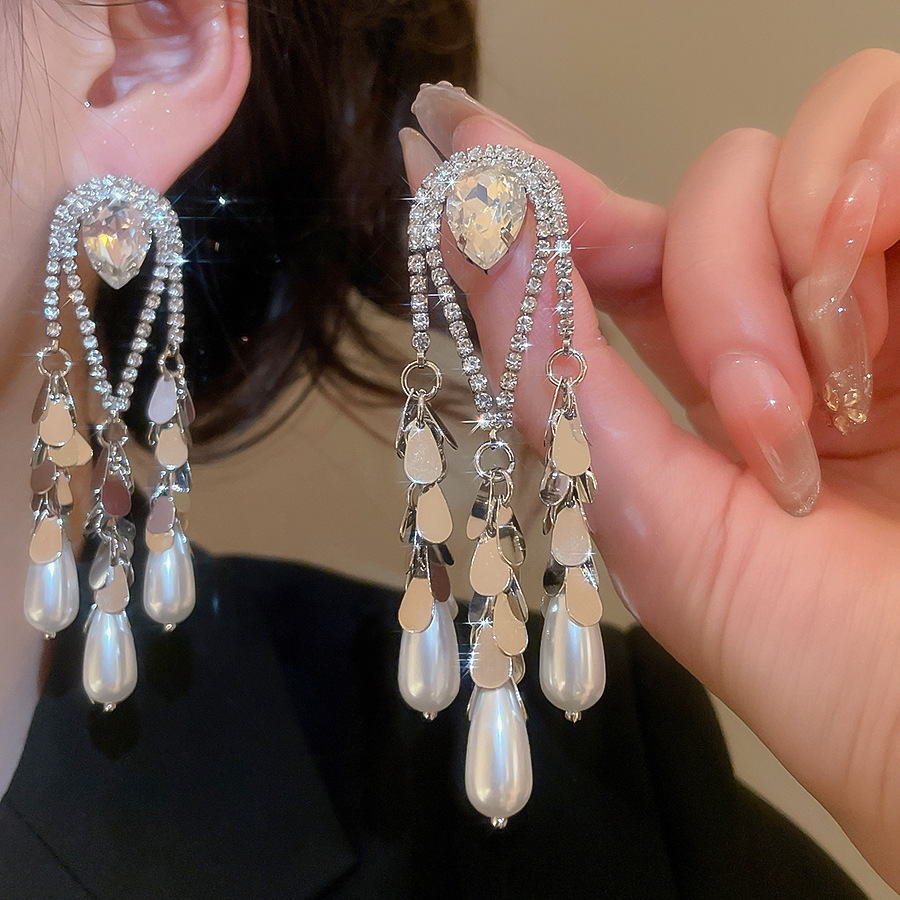 Gold Plated Silver Pin Inlaid Diamond Water Drop Pearl Earrings Vintage Heavy Earrings Jewelry Accessories