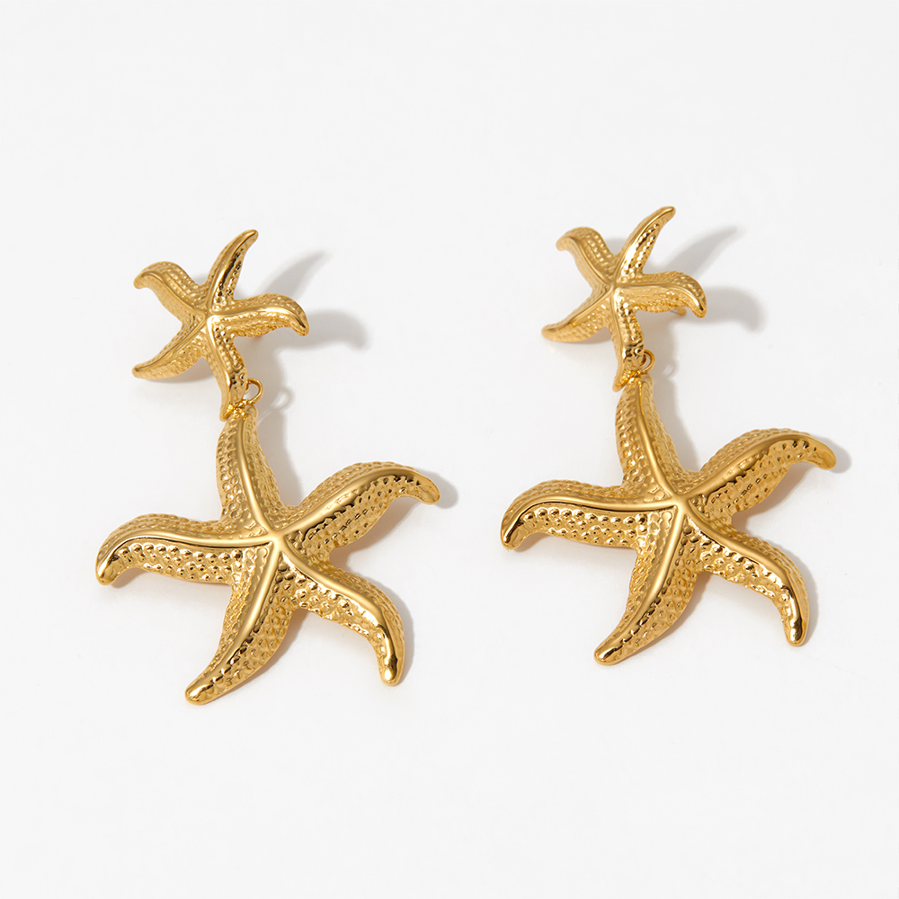 304 Stainless Steel Starfish PVD Coated Stone-Free Real Gold Plated Marine Style Beach Waterproof Non Tarnish Drop Earrings