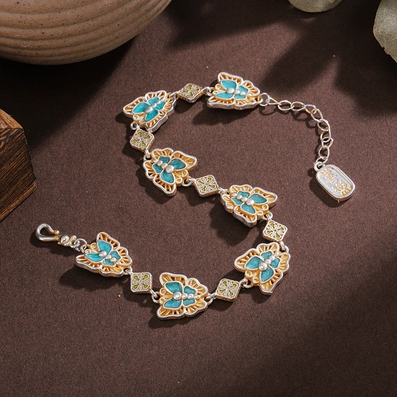 Silver-Plated Bracelet With Gold-Plated Enamel Butterfly Vintage Peace And Joy Bracelet For Women Enamel Gold-Plated National Style High-End Feel