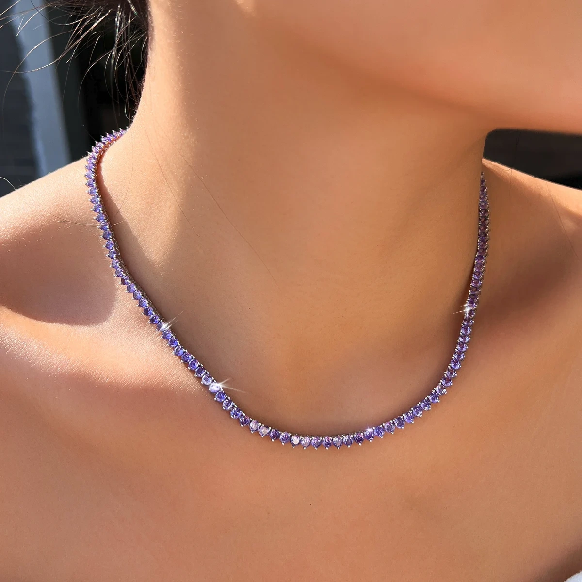 Copper Material Water Plated Rhodium Inlaid Purple Round Zircon Geometric Pattern (Jewelry) Waterproof Non-Fading Butterfly Clasp Women's Wedding Full Diamond Tennis Necklace