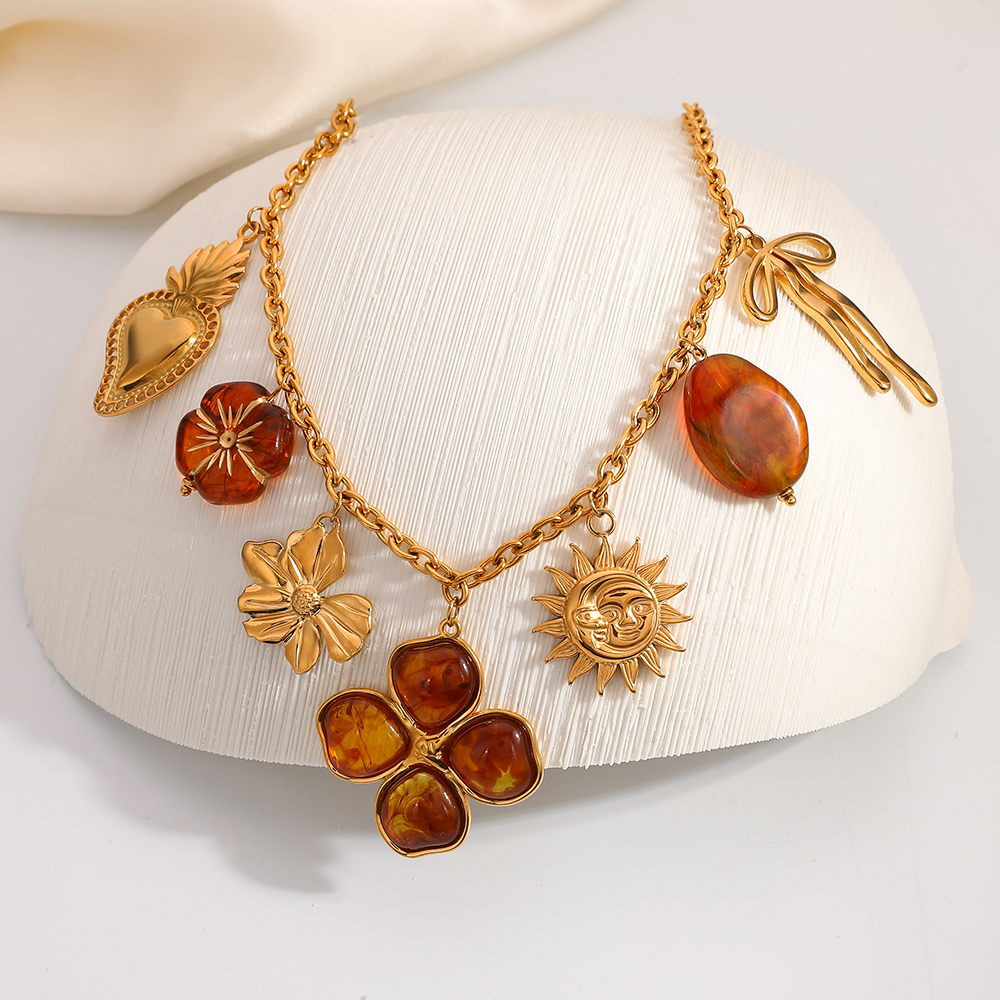 Milad Style Sunflower Bow Amber Color Vacuum Electroplated 18K Real Gold 304 Stainless Steel Autumn Winter Sweater Chain