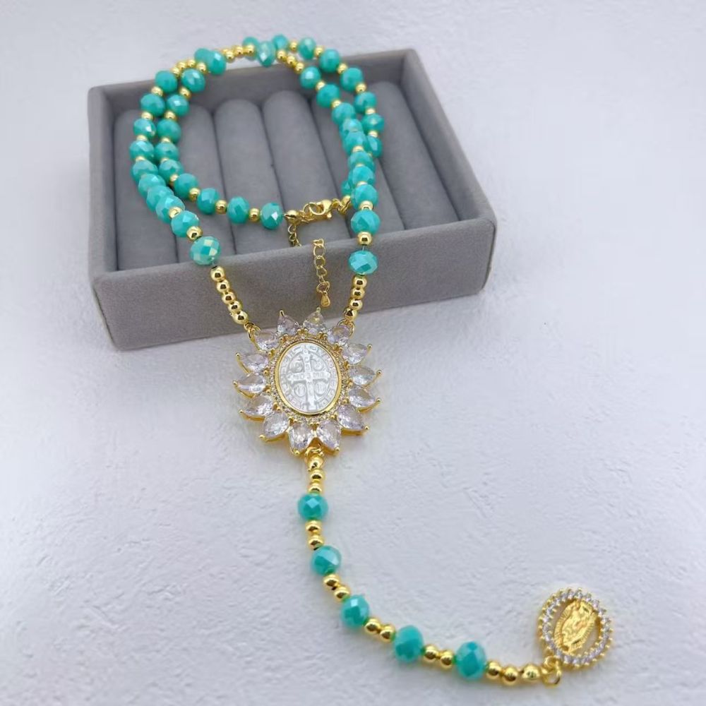 European And American Hot-Selling Color-Retaining Electroplated Zircon Shell Virgin Mary Father Cross Acrylic Pearl Copper Simple Style Lobster Clasp Necklace