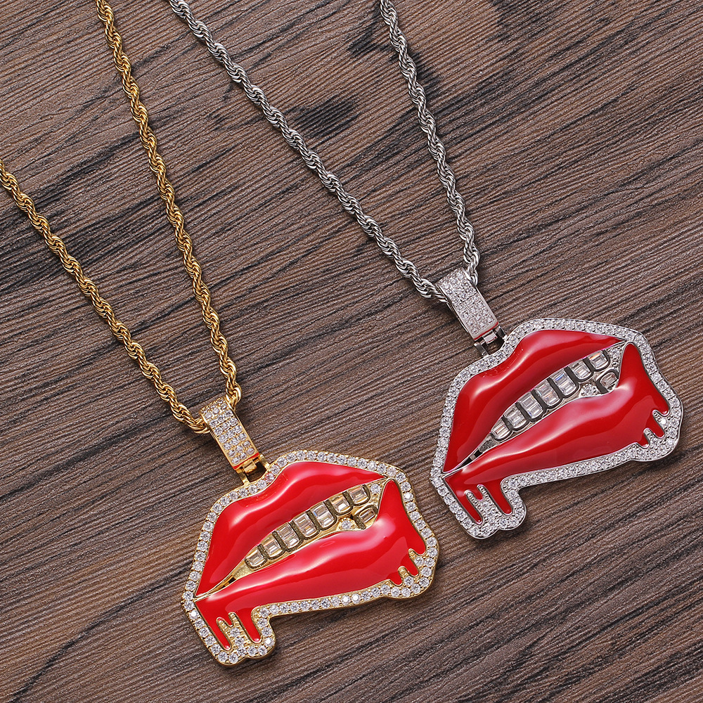 Big Red Lip Pendant Hip Hop Nightclub Dominant Wild Rap Accessories Red Lip Saliva Mouth Pendant Geometric Pattern Copper