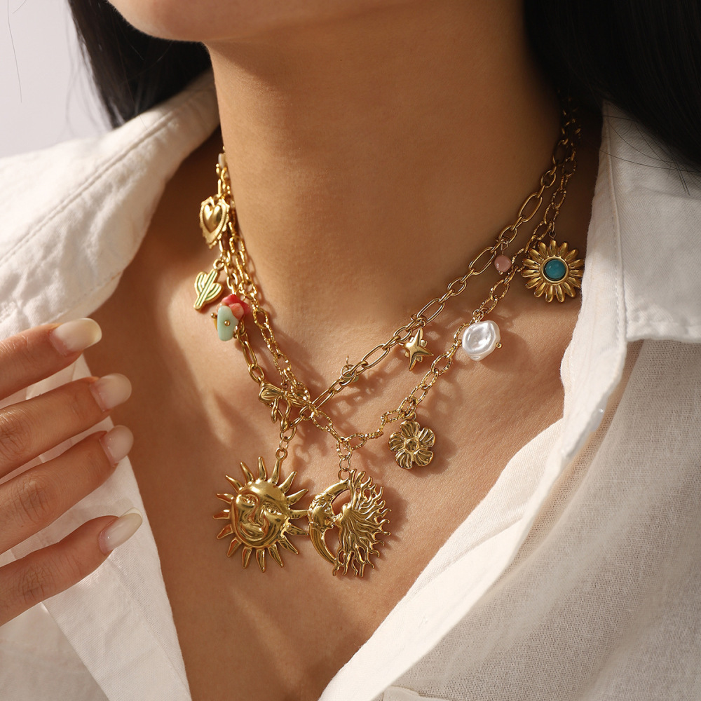 Casual  Style Fruit Pendants Women's Necklace Fashionable Stainless Steel Sun Star Pendant Jewelry