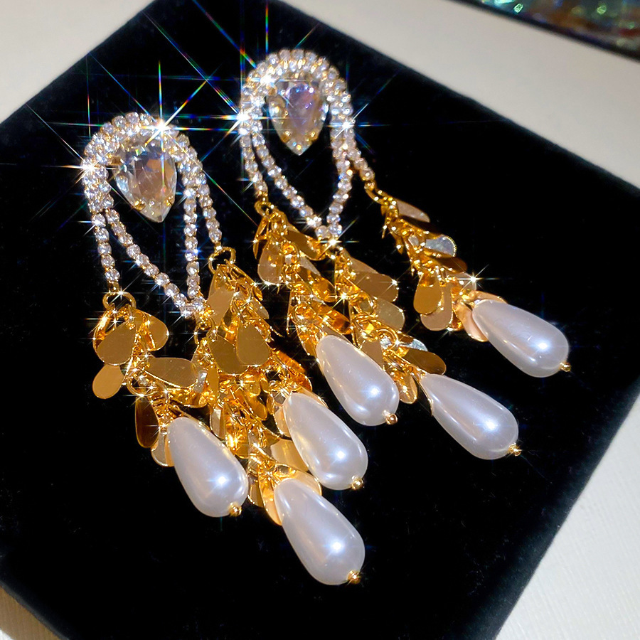 Gold Plated Silver Pin Inlaid Diamond Water Drop Pearl Earrings Vintage Heavy Earrings Jewelry Accessories