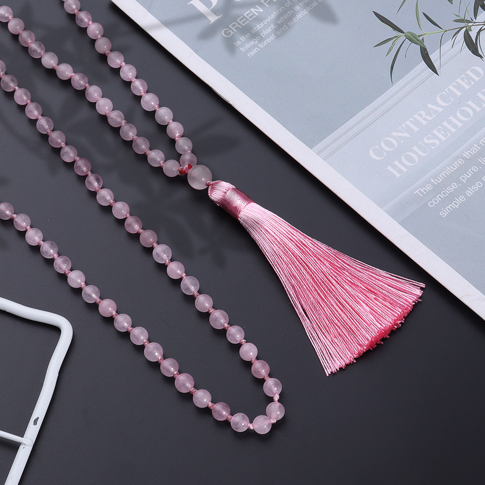 108 Pink Crystal Handmade Knot Necklace  Best Selling Long Tassel Accessories Meditation Woolen Chain In Stock Wholesale
