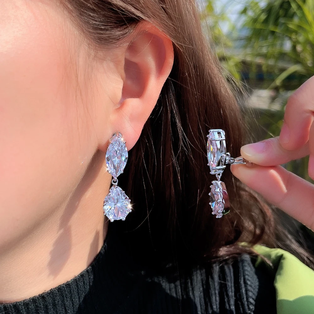 1 Pair Copper Ear Clips Elegant Sparkling Cubic Zirconia Water Drop Shape Non-Pierced Ear Clip Earrings For Women Engagement Wedding Jewelry