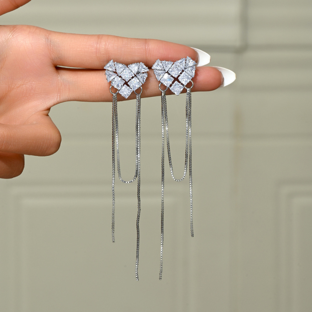 14K Gold Plated Long Tassel Earrings French Vintage Zircon Heart Shaped Elegant Women's Fashion Jewelry Accessories