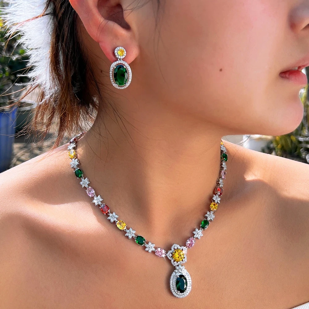 Water Plated White Gold Inlaid Colorful Zircon Flower Design Women's Wedding Jewelry Two-Piece Set Waterproof Non-Fading Tennis Chain