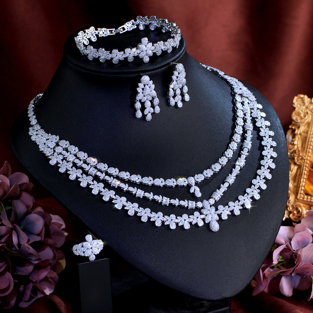 Women's 4 Piece Gold Plated Copper Jewelry Set Zircon Necklace Earrings Bracelet Ring Bridal Set For Wedding Party Date New Style Luxury
