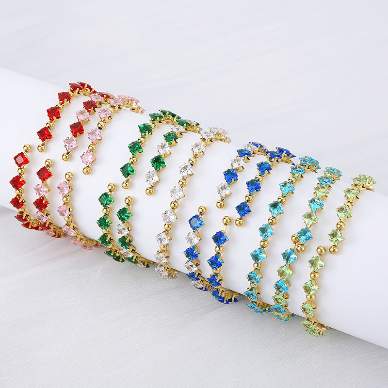 304 Stainless Steel Square PVD Coated Zircon 18K Real Gold Plated Simple Style Classic Style Waterproof Non Tarnish Inlay Bangle