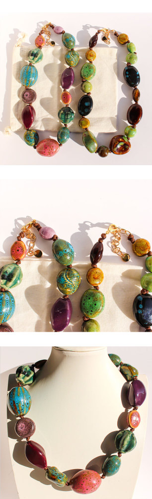 Art Oil Painting Color Plated 24K Real Gold Contrast Old Ceramic Handmade Beaded Necklace Women's Accessories 766