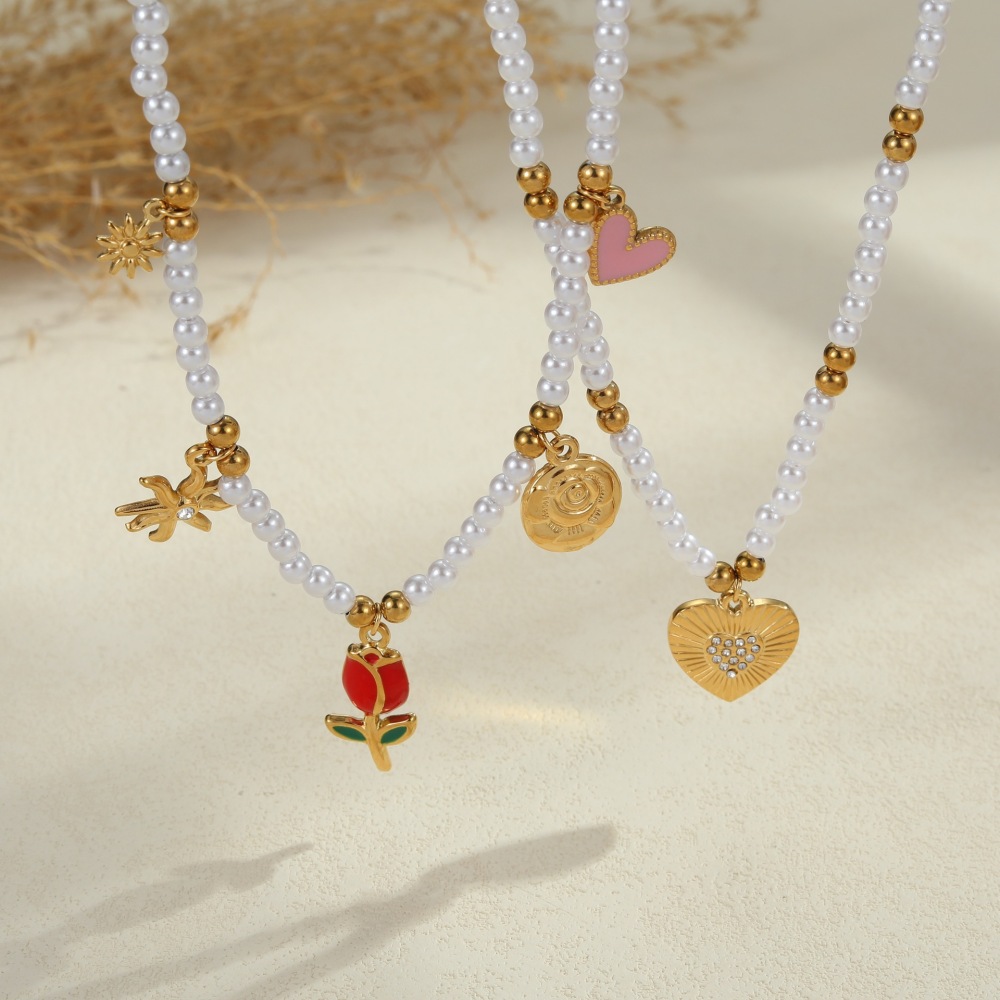 Fashionable Versatile Heart Shaped Necklace With Small Beads Luxury Feelings Jewelry Accessories For Women Geometric Pattern Stainless Steel