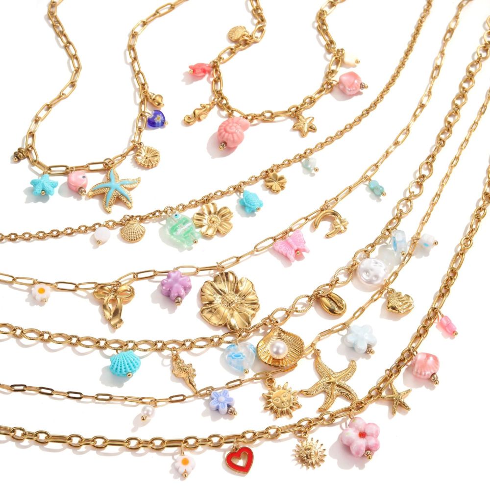 Fashionable Holiday Star Flower Pendant Pearl Embedded Shell Stainless Steel Necklace Clavicle Chain Geometric Pattern Bohemian Style Women's Luxury PVD Coating