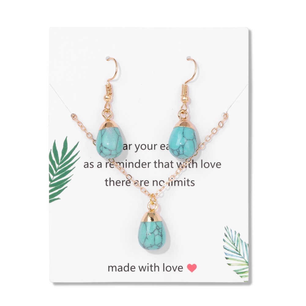 Simple Vintage Geometric Crystal Necklace Earring Set Waterdrop Natural Stone Pendant Unisex Jewelry Accessories