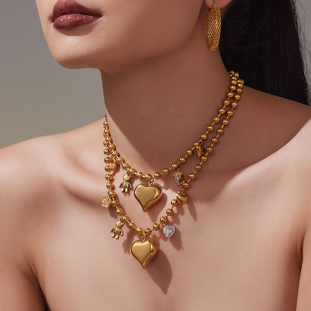 304 Stainless Steel Zircon Big Heart Bear Hollow Necklace Plated 18K Real Gold  Fashion Versatile Jewelry INS Style Gorgeous Novel Design