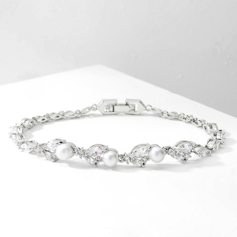 RAKOL New Luxury Light Weight Micro Paved Zircon Pearl Bracelet For Women Fashionable Versatile Hand Jewelry Geometric Pattern