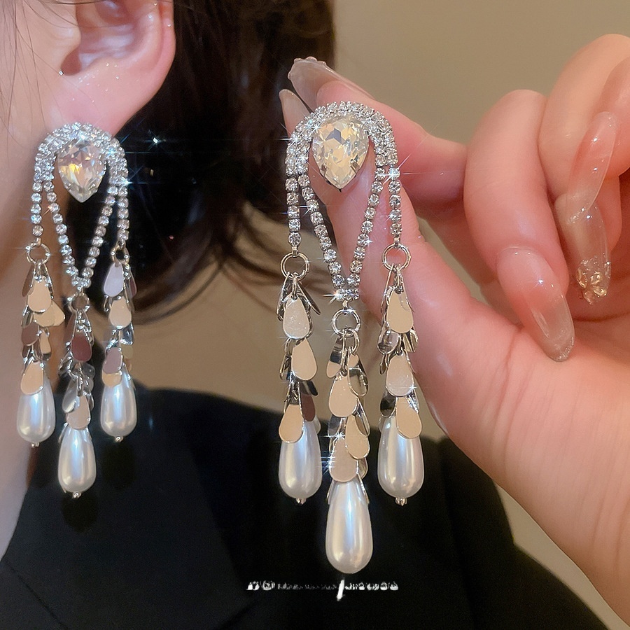 Gold Plated Silver Pin Inlaid Diamond Water Drop Pearl Earrings Vintage Heavy Earrings Jewelry Accessories