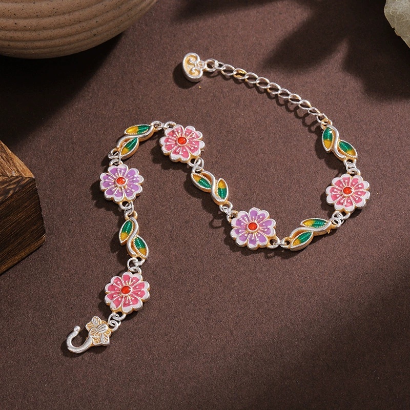 Silver-Plated Enamel Gold-Plated Vintage Geometric Pattern Peach Blossom Green Leaf Ingot Bracelet Chinese Style New Chinese Jewelry Gift For Girlfriend