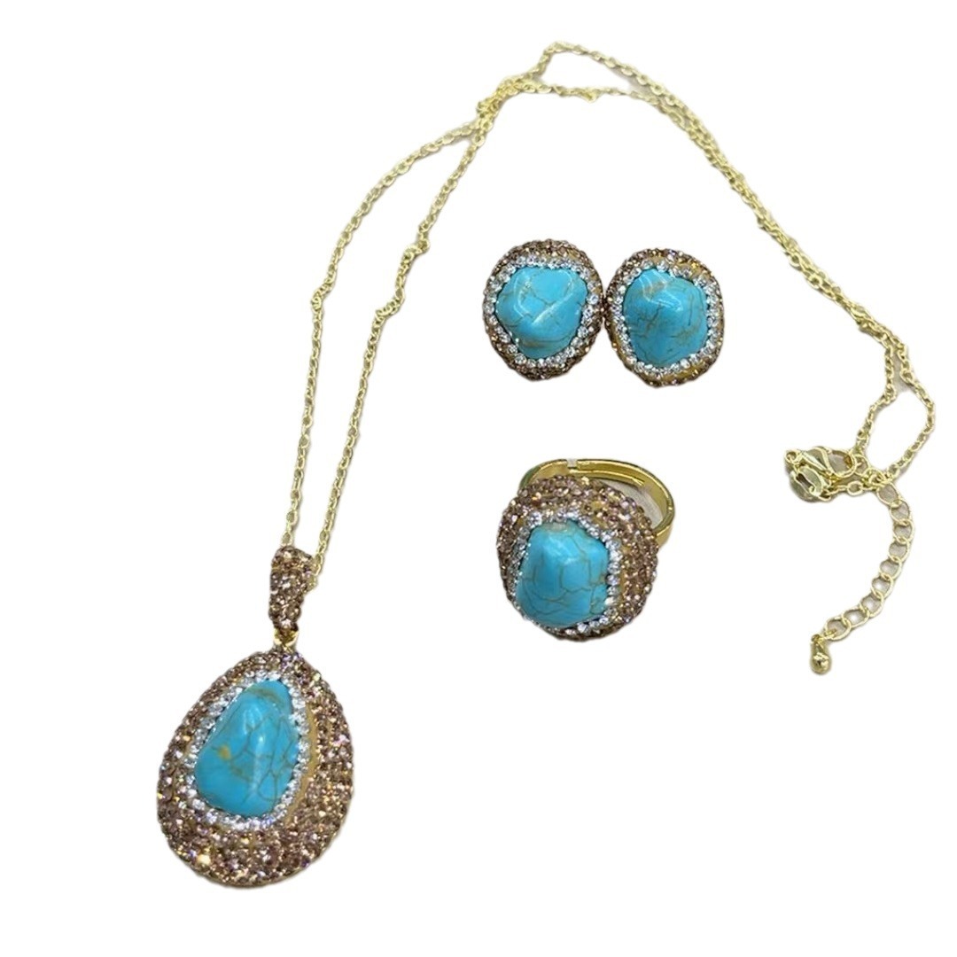 New Natural Turquoise Set  Style Vintage Necklace Earrings Ring Bracelet Jewelry Accessories