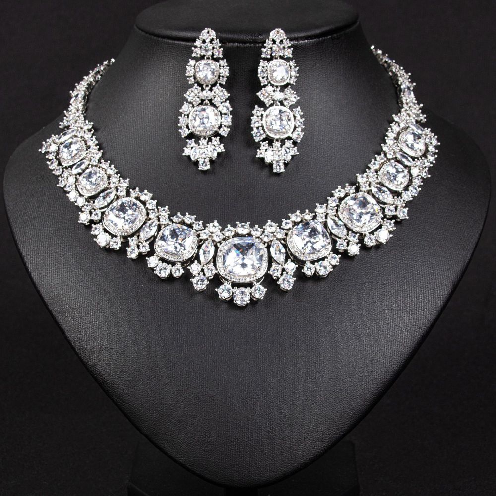 Luxurious  Style Wedding Necklace Jewelry Set For Women With AAA Zirconia Stones Fashionable Square Pattern