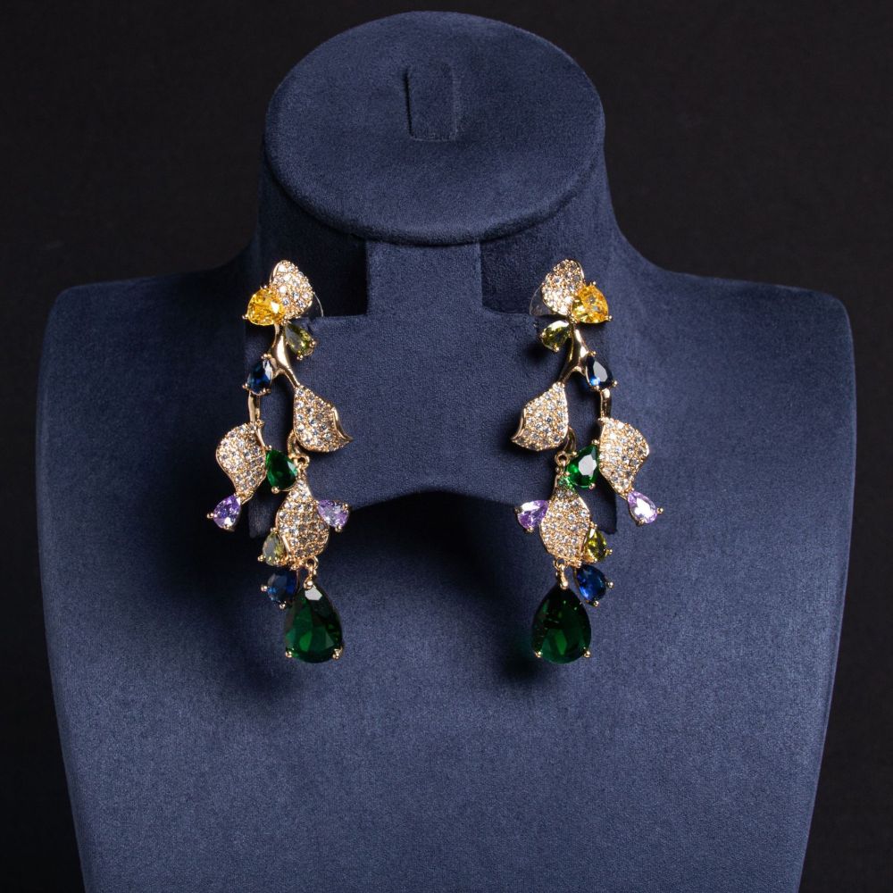 Luxury Waterdrop Zirconia Earrings Women's Bridal Jewelry Long Leaf Silver Needle Geometric Pattern Wedding Accessories