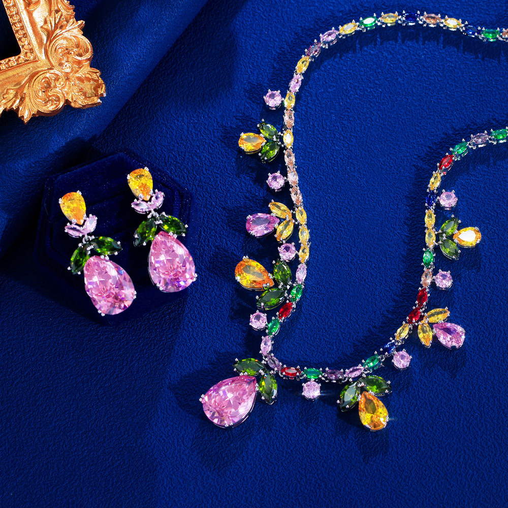 2 Piece Women's Rainbow Cubic Zirconia Necklace Set Chunky Statement Bridal Party Jewelry Gift With Waterdrop Flower Design