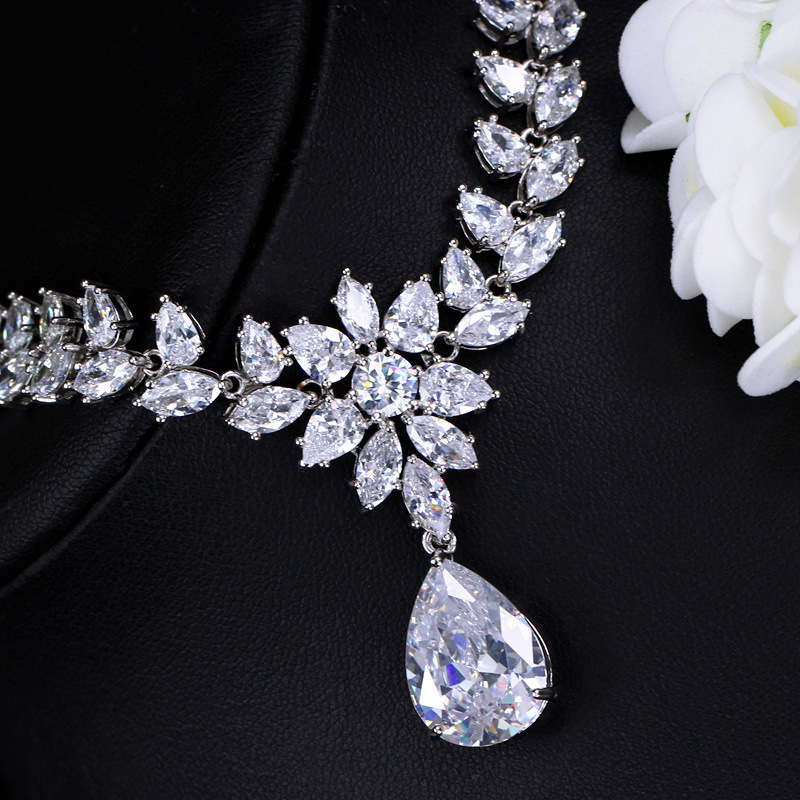 Banquet Birthday Date Copper Women's Zircon Silver Rhodium Plated Water Droplets Flower Jewelry Set