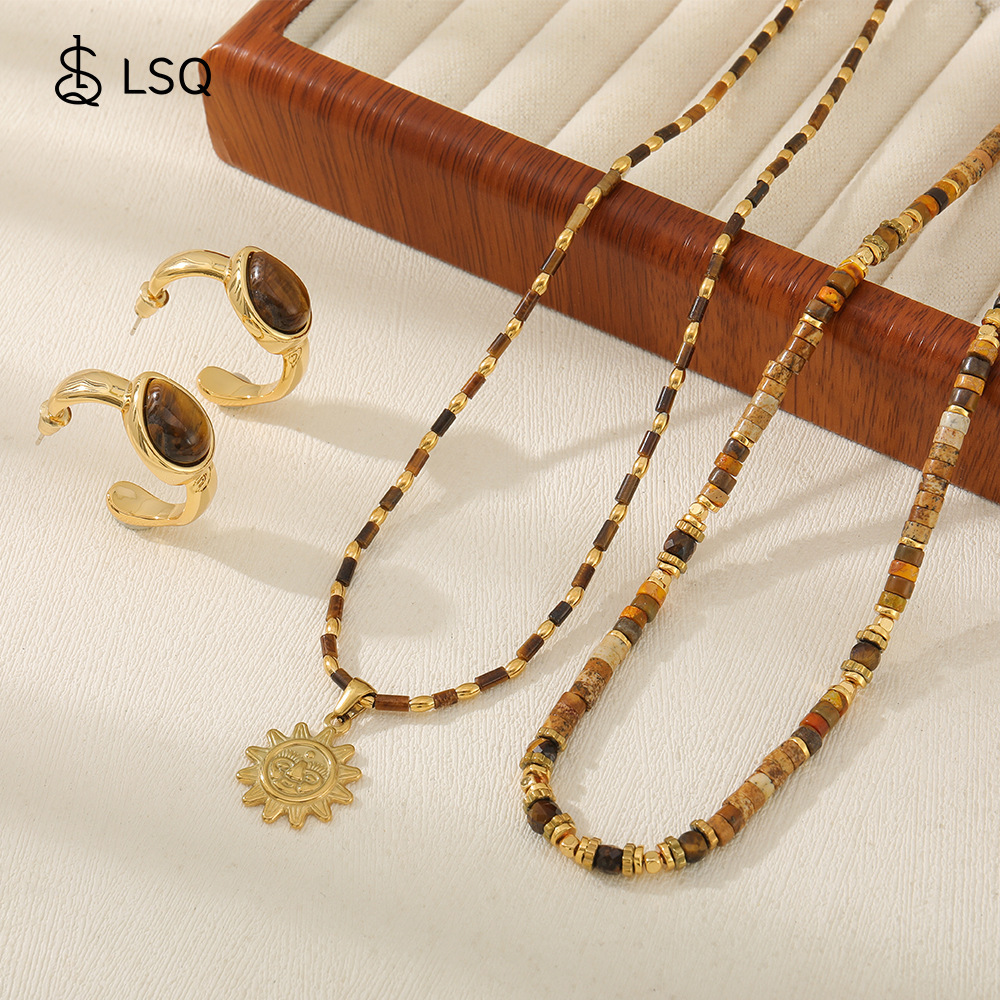 Handmade Tiger Eye Stone Beads Necklace Women's Style Stainless Steel Sun Pendant Clavicle Chain Geometric Pattern Natural Stone
