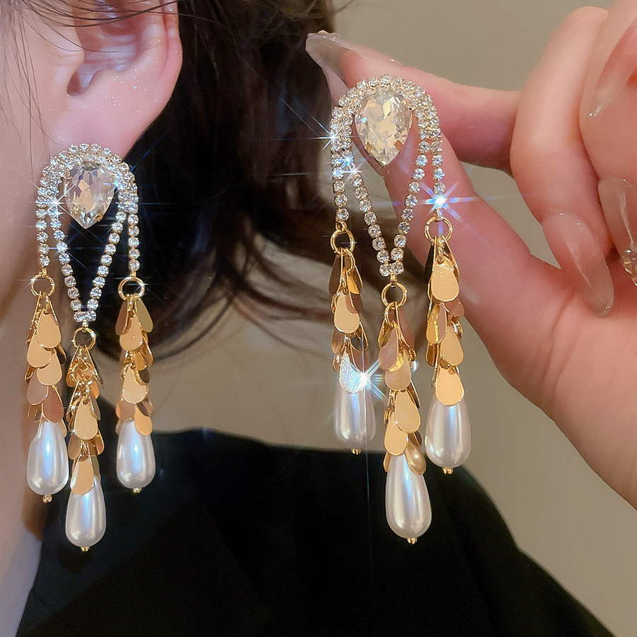 Gold Plated Silver Pin Inlaid Diamond Water Drop Pearl Earrings Vintage Heavy Earrings Jewelry Accessories