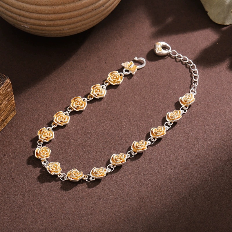 Silver-Plated Bracelet With Gold Rose Flower Geometric Pattern, Vintage Ethnic Style Joy Bracelet, National Trend Exquisite Versatile Fashion Light Luxury Gift For Girlfriend