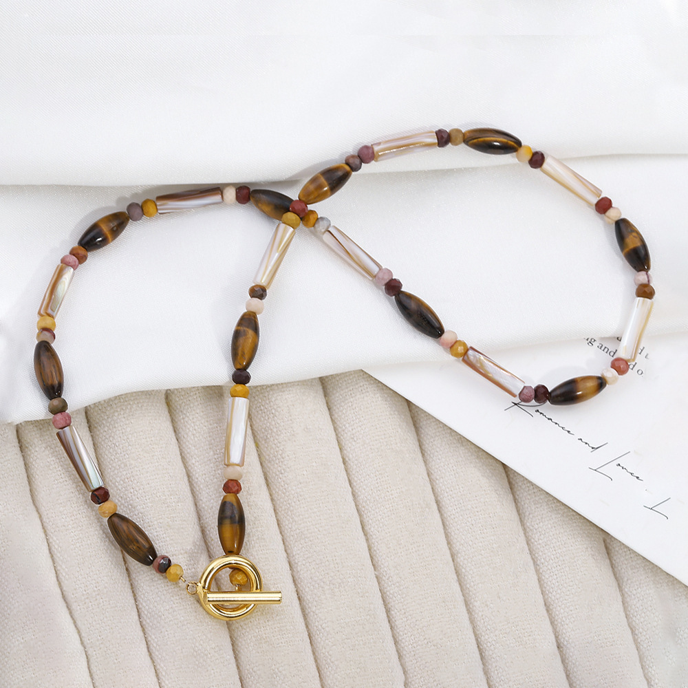 French Style Coffee Beads Tiger Eye Stone Necklace Sweater Chain Middle-Aged OT Buckle Classic Quality Unique Clavicle Chain