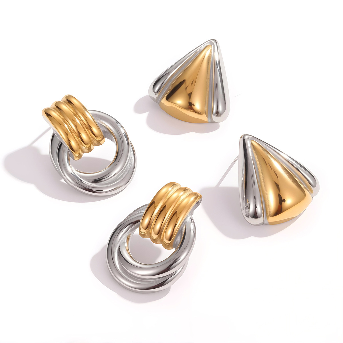 Elegant Geometric Stainless Steel Earrings With 18K Gold And Silver Color Block Design  Fashion Jewelry