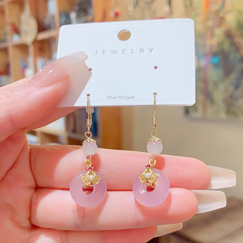 Trendy Commuter Ear Hooks New Chinese Style Geometric Pattern Natural Agate Earrings For Women Elegant Fashionable Popular