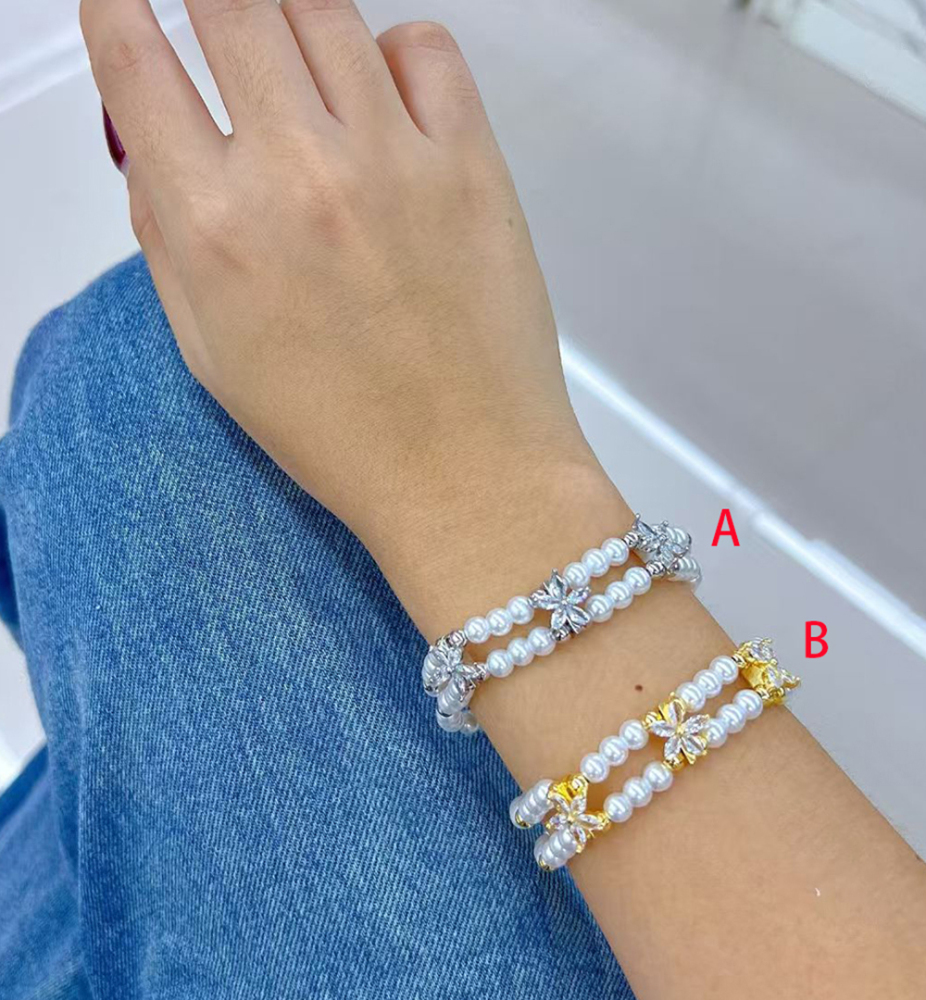 European And American Fashion Color-Retaining Electroplated Copper Imitation Pearl Zircon Flower Double-Layer Handmade Bracelet